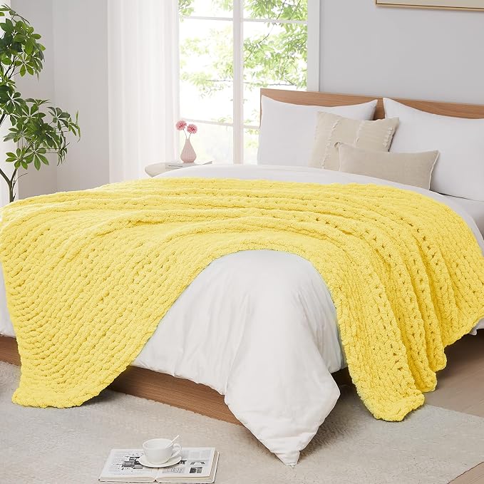 L'AGRATY Chunky Knit Throw Blanket for Couch, 60 x 80 Inches, Egg Yellow | Handmade Chenille Crochet Blanket for Sofa Bed, Thick Cable Knitted Blankets for Room Home Decor, Birthday Gift for Women Mom