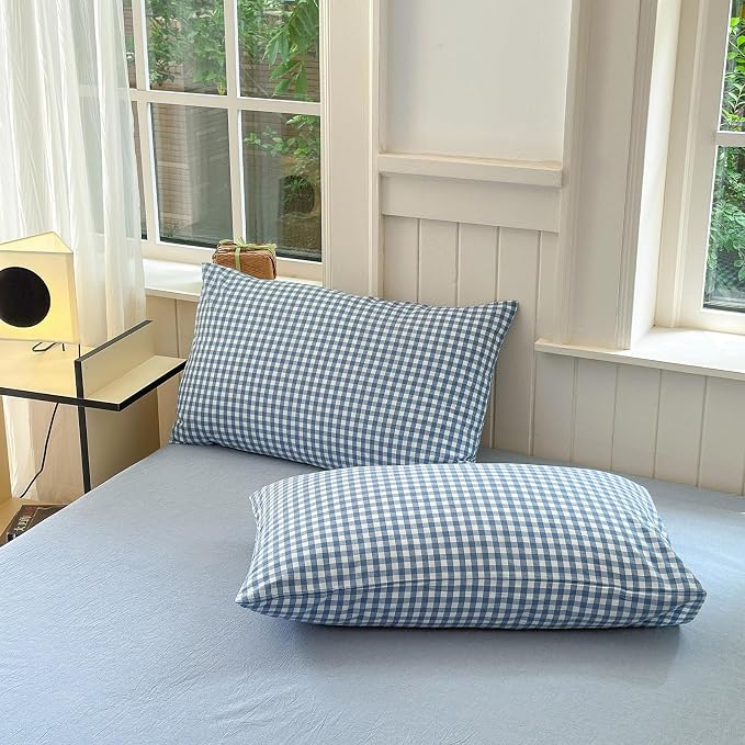 LifeTB Blue Gingham Comforter Set California King 3 Pieces Modern Plaid Checkered Comforter Set Blue Grid Comforter with 2 Pillowcases Soft Fluffy Grid Farmhouse Gingham Bedding Set for All Seasons