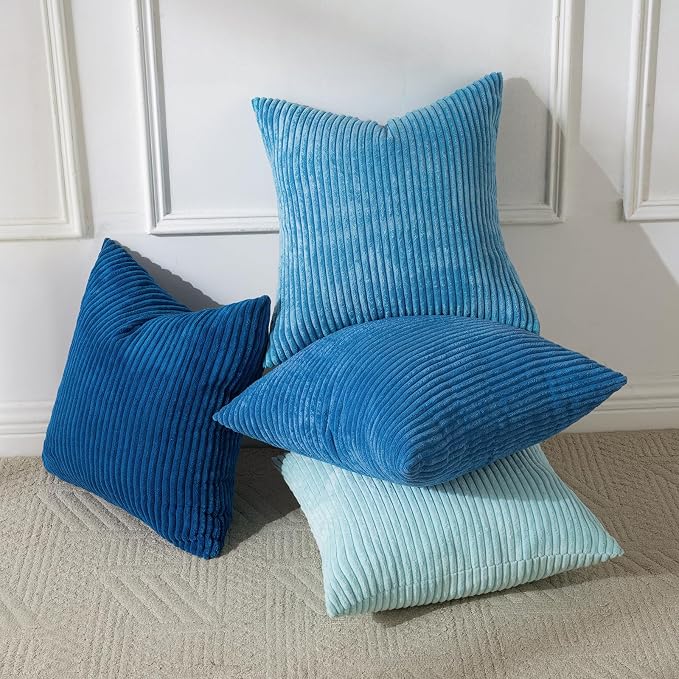 Volcanics Set of 4 Light Blue Corduroy Couch Throw Pillow Covers 18x18 in | Decorative Soft Modern Boho Striped Accent Cushion Cases for Beach, Patio, Balcony, Summer Gradient Shams Home Decor