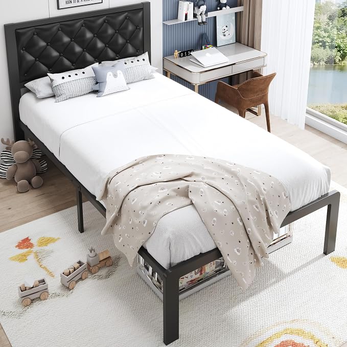 HISOFT Twin Bed Frame with Upholstered Button Tufted Headboard, Bed Frame Platform Metal Slats Support, Under Bed Storage, No Box Spring Needed, Noise-Free, Easy Assembly, Black