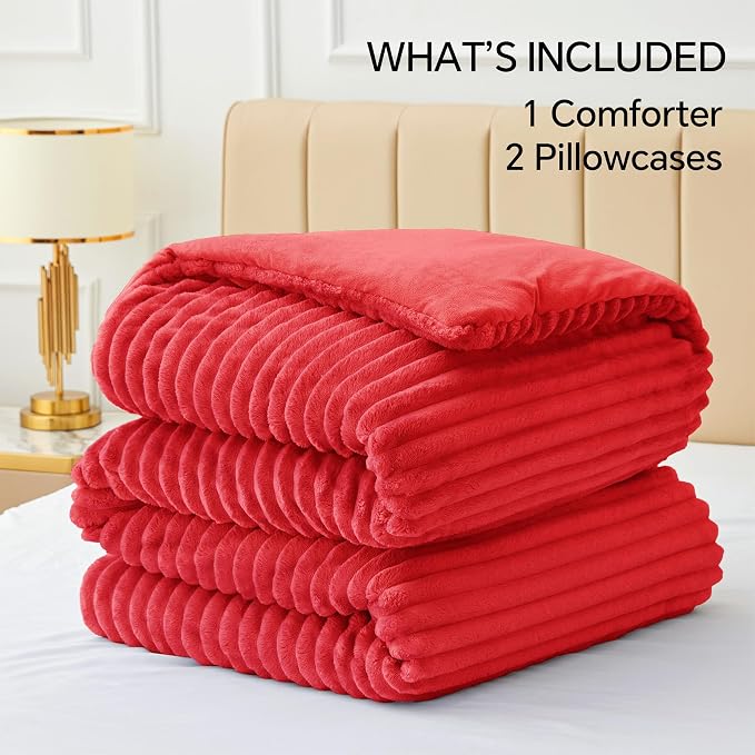 BEDELITE Fleece King Comforter Set, Fluffy Bed Set, Red | Super Soft & Warm Bedding, Luxury Fuzzy Faux Fur Comforter for Winter, Heavy Plush Bedding, with 2 Pillowcases