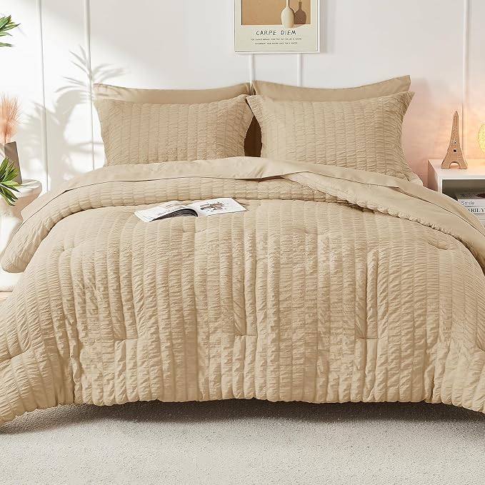 HYMOKEGE Khaki Oversized Queen Comforter Set Seersucker 7 Pieces, All Season Luxury Bed in a Bag for Bedroom, Bedding Set with Comforter, Sheets, Pillowcases & Shams