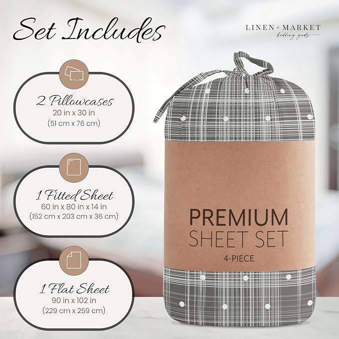 Linen Market Double-Brushed Patterned Microfiber Queen Sheet Set 4 Piece – Oeko-TEX Certified Ultra Soft & Wrinkle-Free - 16" Deep Pocket Sheets - Easy Care Queen Size - Polka Dot Gray