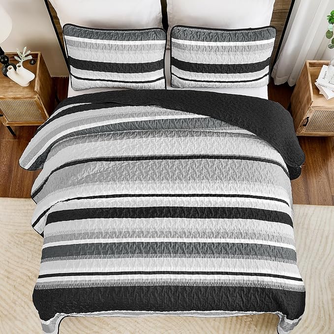 WONGS BEDDING Striped Quilts King Size Set, Black Lightweight Bedspread | Lightweight Microfiber Coverlet, Breathable All-Season, Machine Washable, 3-Piece Set 110"x90", Great for Men Boys Dorm Room