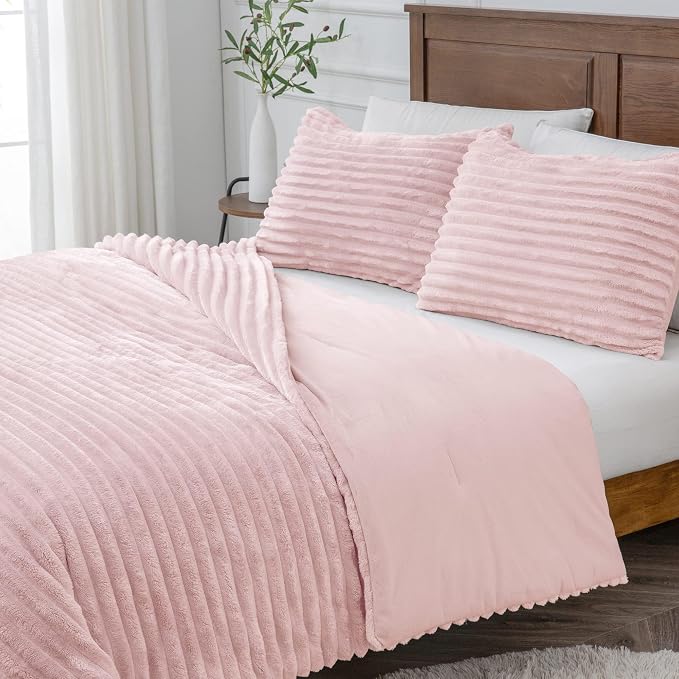 BEDELITE Fleece California King Comforter Set, Fluffy Bed Set, Pink | Super Soft & Warm Bedding, Luxury Fuzzy Faux Fur Comforter for Winter, Heavy Plush Bedding, with 2 Pillowcases