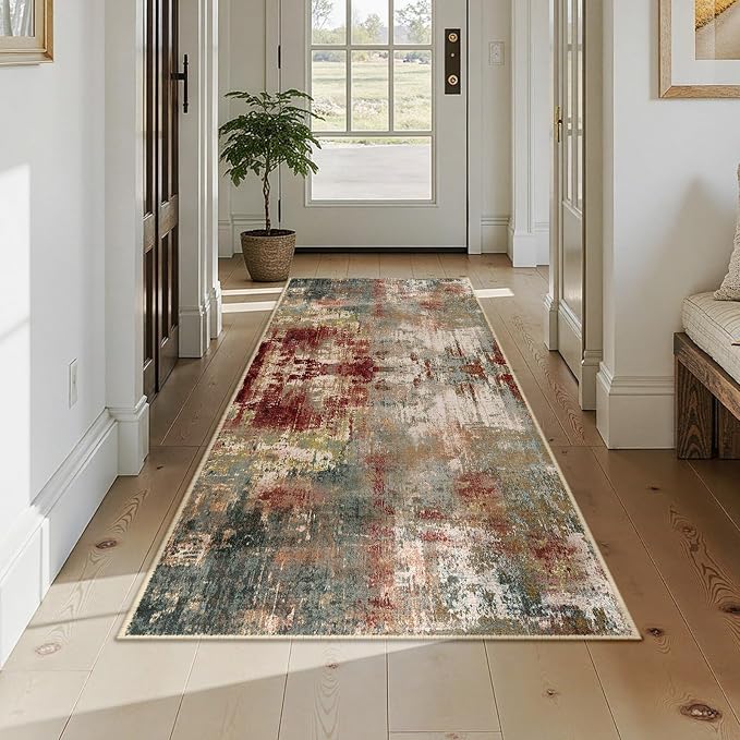RELEANY Washable Runner 3'x7' Abstract Area Rug for Hallway Rustic Brown | Carpet for Kitchen, Entryway, Bathroom, Living Room, Bedroom, Printed Pattern, Non‑Slip, Soft, Stain‑Resistant, Easy to Clean