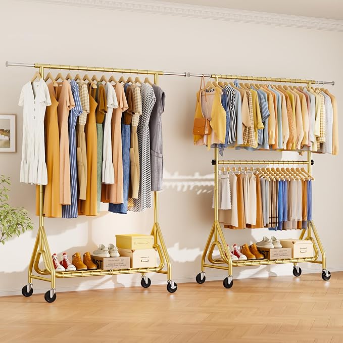 Heavy Duty Clothes Rack for Hanging Clothes, Double Rods Clothing Rack with Lockable Wheels, Rolling Garment Racks with Shelf, Easy to Assemble, Gold