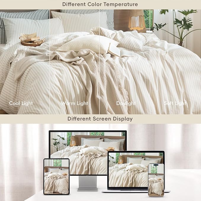 MooMee Striped Duvet Cover Set 100% Washed Cotton Linen Like Queen | Relaxed Linen-like Texture. Soft, Breathable & Long-lasting Comfort. Lightweight. Hidden Zipper with 8 Interior Corner Ties