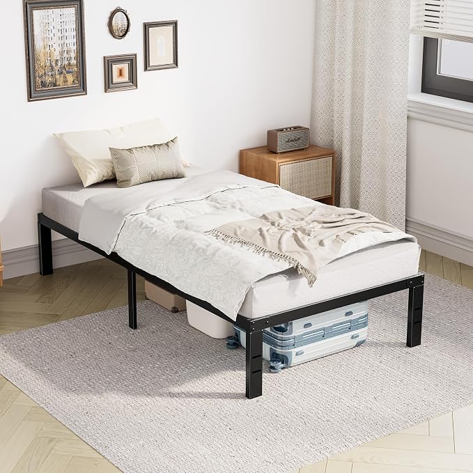 OLIXIS Twin Metal Platform Bed Frame - 14in High Heavy Duty Mattress Foundation with Storage Space, No Box Spring Needed, Sturdy Steel Slat Support, Easy Assembly, Black