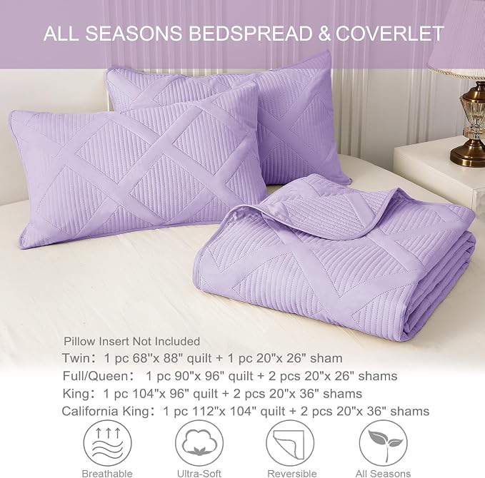 Exclusivo Mezcla California King Size Quilt, Lilac | Soft Bedspreads with 2 Pillow Shams, Modern Striped Pattern, Lightweight Bedding Set Coverlets for All Seasons, 112x104 Inch