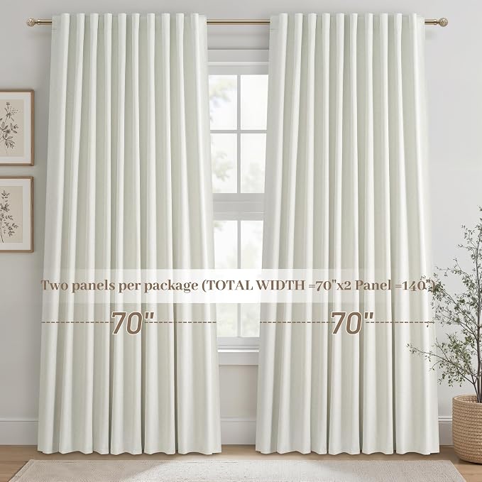 Cute Blackout Curtains 70 Inches Extra Wide Linen 84 Inch Length for Living Room/Sliding Glass Door,Pleated Heavy Duty Thermal Drapes for Winter Thick Large Window(70"Wx84"L 2 Panels Beige White)