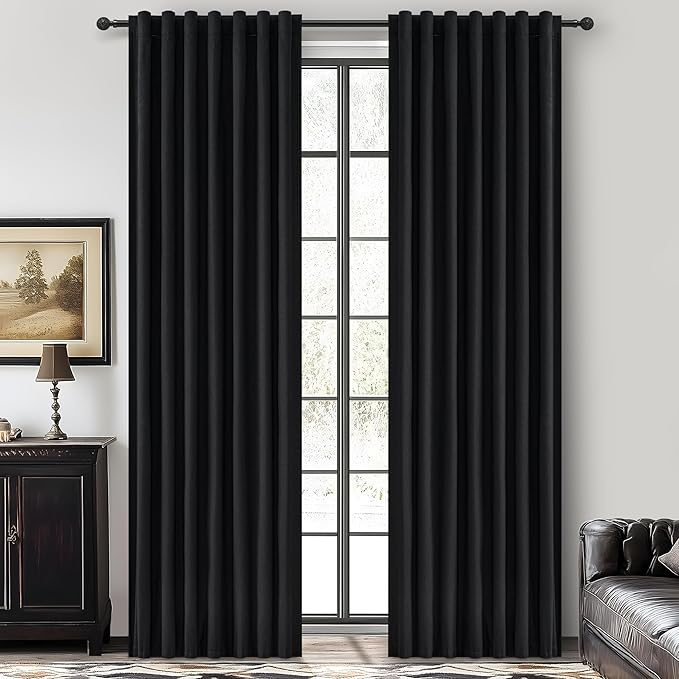 QJmydeco Black Blackout Curtains 96 Inches Long 2 Panel Set, Sun Blocking Curtains for Bedroom Modern Black Window Linen Drapes Thermal Insulated Pleated with Heading Tape Pin Hooks (W50 xL96)