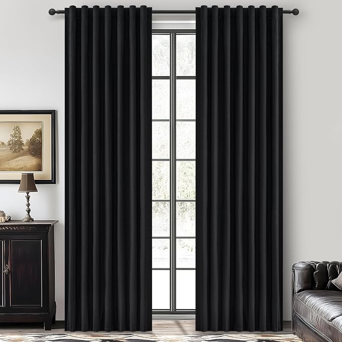 QJmydeco Long Black Curtains for Living Room Black Out Drapes for Bedroom, Lush Decor Floor Length Track Linen 102 Inch Length Curtain Panels Burg Sound Deadening Thermal Patio Door (50" W x 102" L)