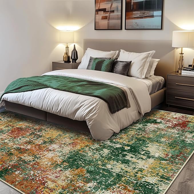 RELEANY Washable Square 8'x8' Area Rug for Living Room Green Multi | Carpet for Bedroom, Kitchen, Office, Hallway and Entryway, Printed Pattern, Non‑Slip, Soft, Stain‑Resistant, Easy to Clean