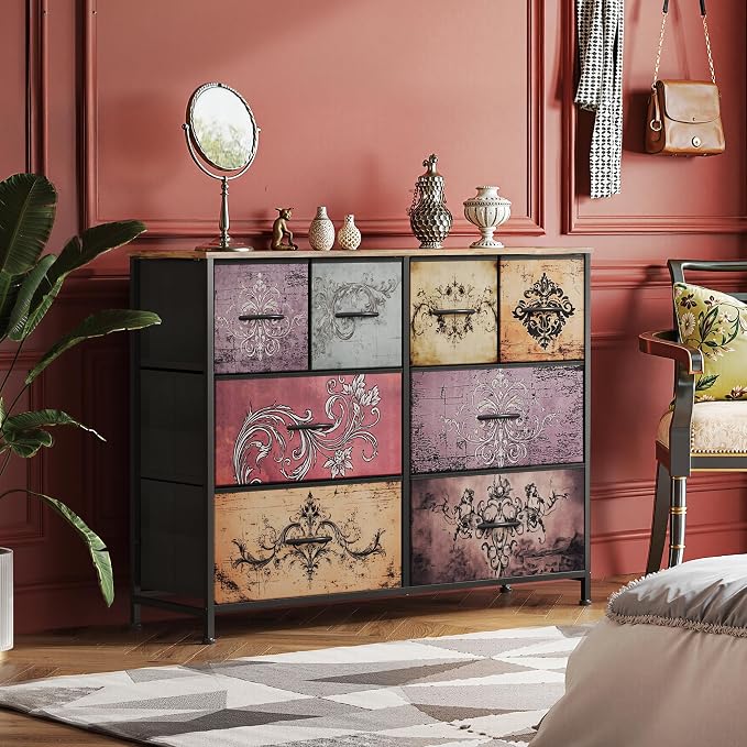 WLIVE Wide Dresser for Bedroom, 8 Drawer Chest of Drawers, Pattern | 8 roomy fabric drawers, Wide storage design, Bedroom or closet use, Sturdy steel frame, Smooth wood tabletop