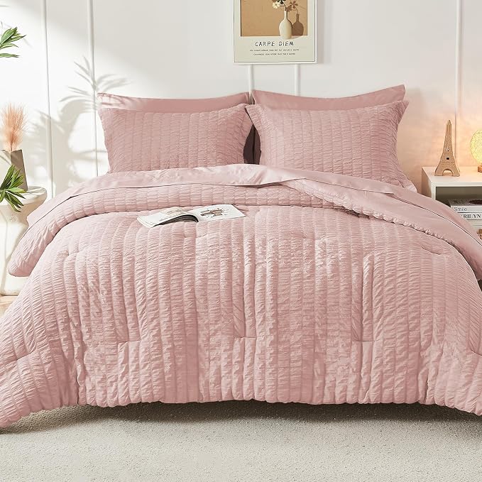 HYMOKEGE Rose Gold Queen Comforter Set Seersucker 7 Pieces, All Season Luxury Bed in a Bag for Bedroom, Bedding Set with Comforters, Sheets, Pillowcases & Shams