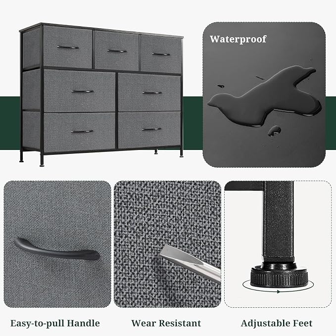 7-Drawer Dresser for Bedroom, Anti-Tip Wide Storage Organizer Fabric | Chest of Drawers TV Stand for 45" TV with Wooden Top and Metal Frame for Closet, Living Room, Hallway, Entryway, Gray