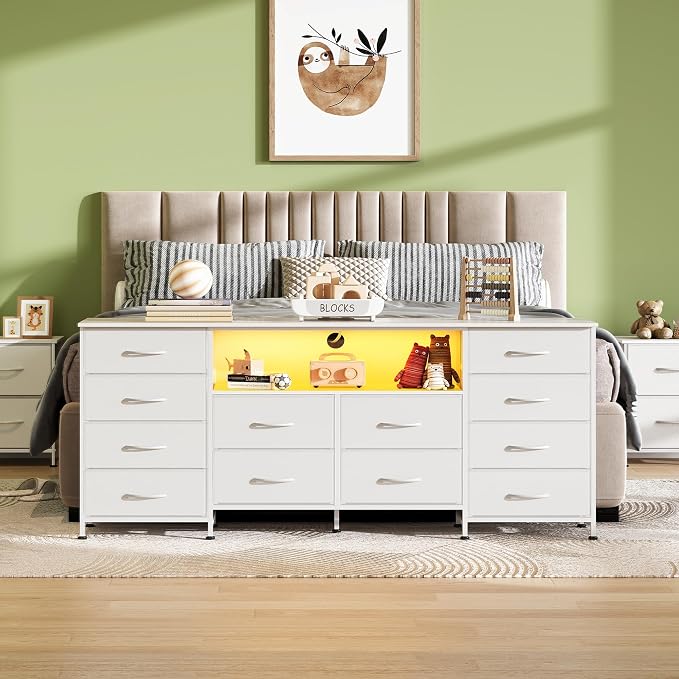 WLIVE LED Dresser TV Stand for 75 Inch TV, 12 Drawers, White | Fits TVs up to 75 inch, 12 fabric drawers, LED chest of drawers, Built-in power outlet, Living room or bedroom