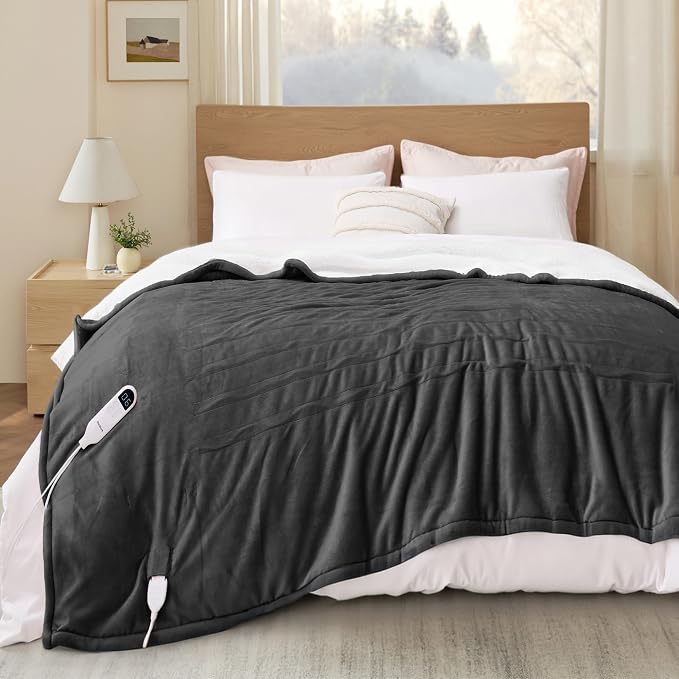 Bedsure Heated Blanket Full Size, Electric Blanket with Preheat, Dark Grey | 6 Heat/6 Timer Settings, 8H Auto Shut-Off, ETL/FCC, Flannel Sherpa, Machine Washable, Gifts for Grandma Grandpa, 72x84in