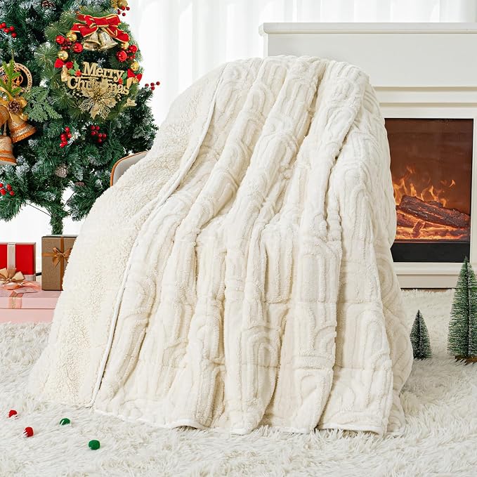 Cottonblue Weighted Blanket for Adults King Size 15lbs 80"x87" Soft Sherpa | Cozy Fleece Jacquard Weighted Blankets Throw for Sleep Calm Relax, Fuzzy Warm Arch Sofa Couch Blanket, Cream White, Washable