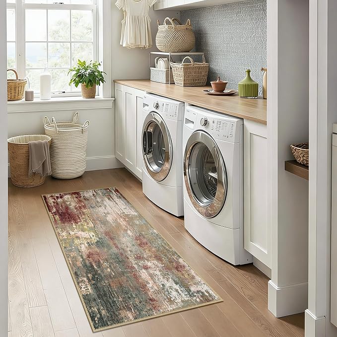RELEANY Washable 2'x5' Abstract Area Rug for Living Room Rustic Brown | Carpet for Bedroom, Kitchen, Office, Hallway and Entryway, Printed Pattern, Non‑Slip, Soft, Stain‑Resistant, Easy to Clean