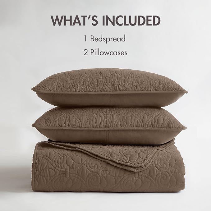 Madison Park King Quilt Bedding Set, Cottage-Inspired Damask, 3PC | All Season Quilted Coverlet, Classic Stitch Pattern Bedspread & Shams, Ultra Soft Microfiber Bedspread Set, Mocha