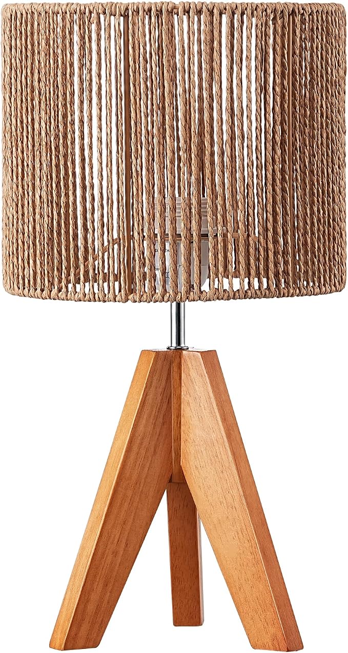 EDISHINE Small Rattan Table Lamp, Wood Tripod Bedside Lamp, 14.2", E26 Base | Natural Style, E26 Socket, Boho Nightstand Light for Living Room, End Table, Office, Rosewood Color&Vertical Stripe Shade