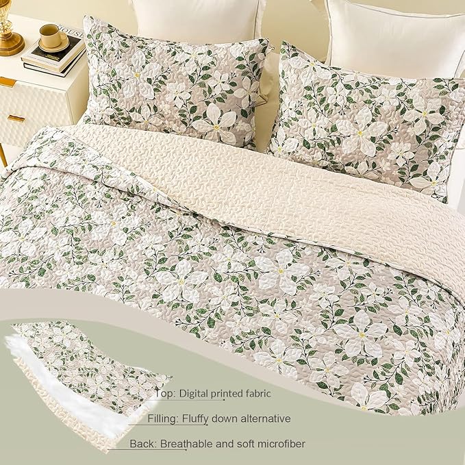 Whale Flotilla California King Size Quilt Set, Soft Floral Leaf Bedspreads | Reversible Lightweight Oversized Quilt Bedding Set for Bed, White Bone Printed Coverlets with 2 Pillow Shams for All Seasons