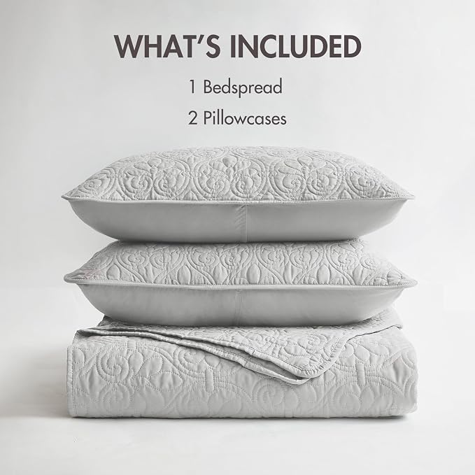 Madison Park Queen Quilt Bedding Set, Cottage-Inspired Damask, 3PC | All Season Quilted Coverlet, Classic Stitch Pattern Bedspread & Shams, Ultra Soft Microfiber Bedspread Set, Grey