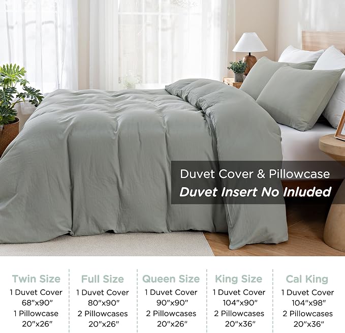 TOCOMOA 100% Muslin Cotton Duvet Cover Set, Sage Green, Queen | Linen-Like Texture. Ultra Soft, Breathable, Comfy & Lightweight Bedding Set with Zipper & 8 Ties. 3 Pcs, No Insert