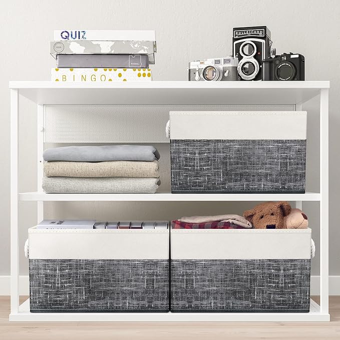 Storage Bins 6-Pack, Foldable Storage Baskets for Organizing Toys, Books, Shelves, Closet, Large Storage Box with Rope Handles, Sturdy Organizer Bins, White & Black