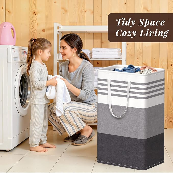 WOWBOX 2 Pack Laundry Baskets, Collapsible Dirty Clothes Laundry Hampers | with Reinforced Handles, Waterproof Coating, 2 Pack for Clean & Dirty Clothes, for Bedroom, Bathroom, Dorm (88L Grey)