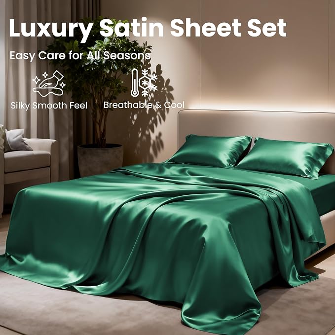 Love's cabin Full Size Satin Sheet Set - 4 Piece Dark Green Silky Satin Sheet Set with Deep Pocket, Luxury Silk Feel Satin Bed Sheets Full Bedding Set (1 Flat Sheet,1 Fitted Sheet,2 Pillow Cases)