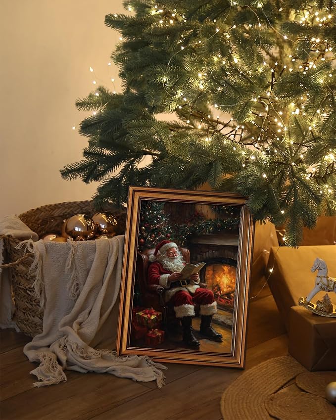 VIYYIEA Vintage Gold Framed Wall Art for Living Room, Christmas Canvas Prints Home Decor, Oil Painting Picture, Bedroom Wall Decor Gifts for Friends or Family -【Santa Claus Reading 】-(16L x 12W)