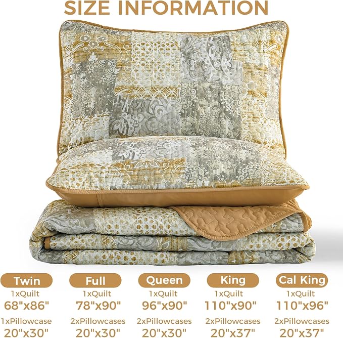 Mybedsoul Boho Quilt King Size, Patchwork Reversible Bedding Set, Yellow | Soft Lightweight Microfiber Floral Coverlet Set, 3 Pieces Plaid Bedspread, Bed Sets for All Seasons 90"x110"