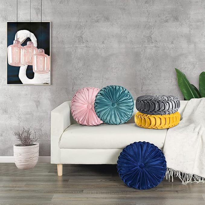 HIG Set of 2 Dark Gray Velvet Decorative Round Pleated Throw Pillows | Vintage Floor Pillows, Classy Accent Pumpkin with Center Button, for Sofa Couch Vanity Chair Bed, 14.5" Diameter