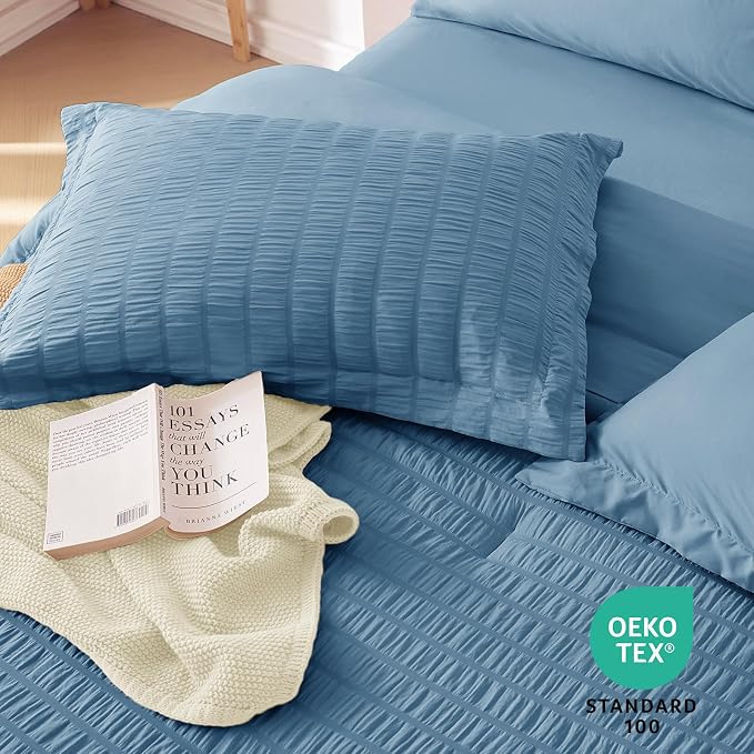 7 Pieces Queen Comforter Set, Seersucker Bed in a Bag Queen Size, All Season Luxury Bedding Set with Comforter, Flat Sheet, Fitted Sheet, Pillowcases & Shams, Mineral Blue
