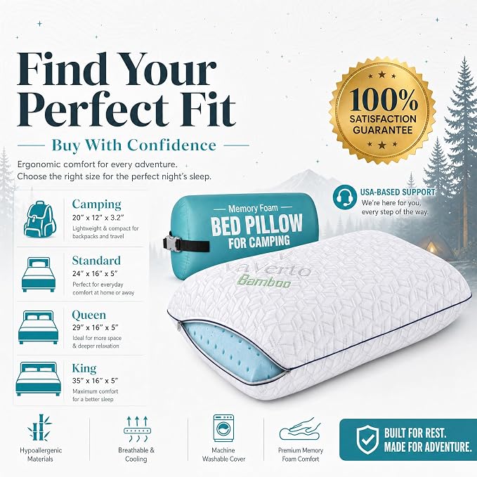 Camping Pillow - Backpacking Memory Foam Travel Pillow 1-Pack | Medium firm memory foam pillow - breathable, machine washable cover - Ideal lightweight small pillow - backpacking & outdoors