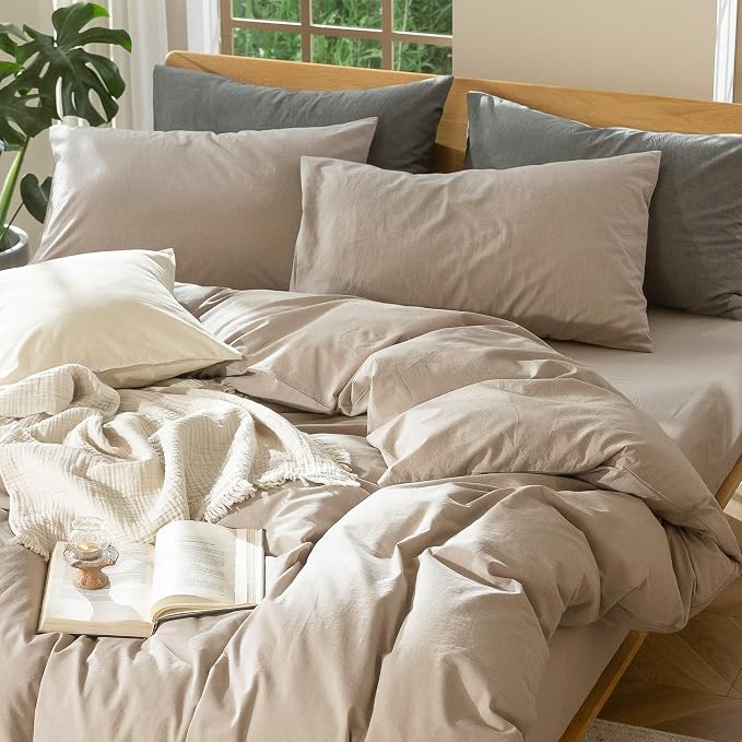MooMee Duvet Cover Set 100% Washed Cotton Linen Like Super Queen | Relaxed Linen-like Texture. Soft, Breathable & Long-lasting Comfort. Lightweight. Hidden Zipper with 8 Interior Corner Ties