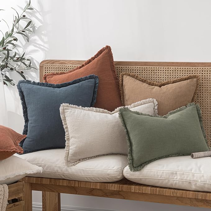 MIULEE Linen Decorative Euro Throw Pillow Covers Natural Beige 28x28 | Set of 2, Cottagecore Decor, Boho Farmhouse Neutral Pillow Covers, Rustic Fringe Couch Cushions for Sofa Bed Living Room