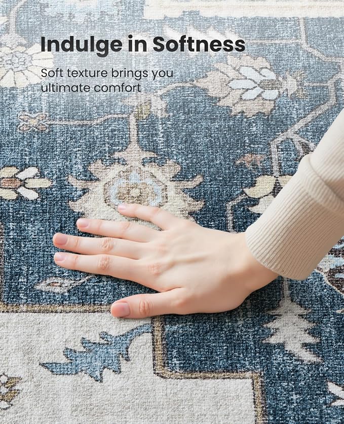 AMADA HOMEFURNISHING 8x10 Area Rug for Living Room, Vintage Washable Area Rug Low-Pile & Non-Slip Carpet for Bedroom Dining Room Nursery Home Office, Navy Blue/Beige