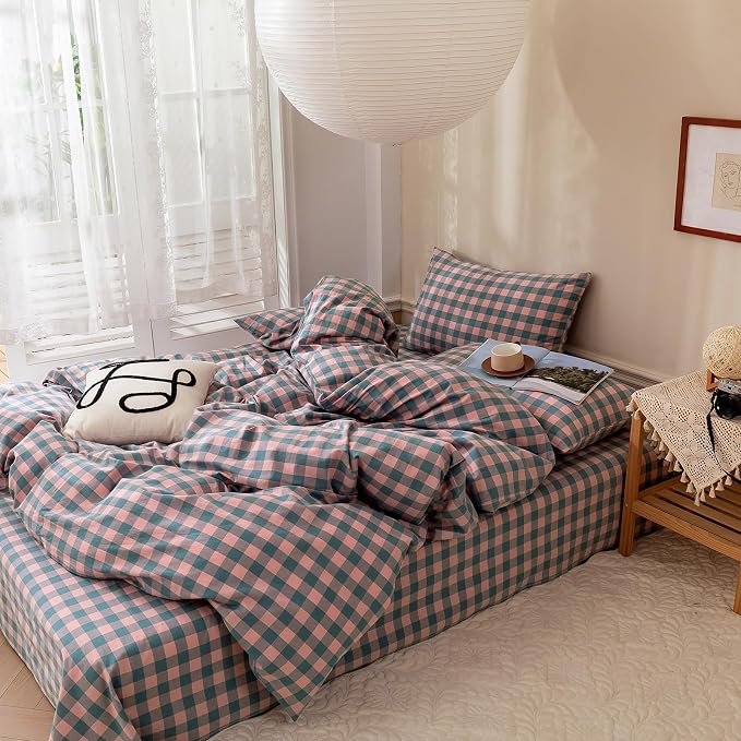 LifeTB Purple Pink Plaid Comforter Set Full Geometric Checkered Pattern Comforter Boho Grid Plaid Printed Bedding Comforter Set Fluffy Soft Lightweight Bedding Comforter Full Size with 2 Pillowcases