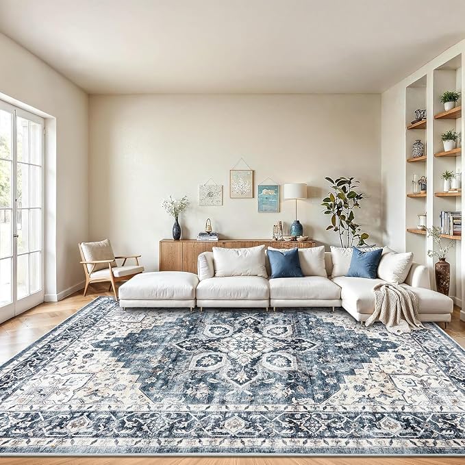 AMADA HOMEFURNISHING 10x14 Washable Area Rug, Low-Profile Large Area Rug with Non-Slip Backing & Durable Edge Binding, Vintage Large Rugs for Living Room, Bedroom & Dinning Room