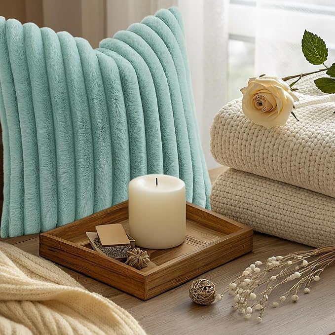 decorUhome Fall Faux Fur Throw Pillow Covers 22x22 Set of 2 Aqua | Decorative Soft Cozy Striped Plush Modern Farmhouse Boho Couch Pillow Cases Velvet Back for Sofa Bed Living Room Home Decor