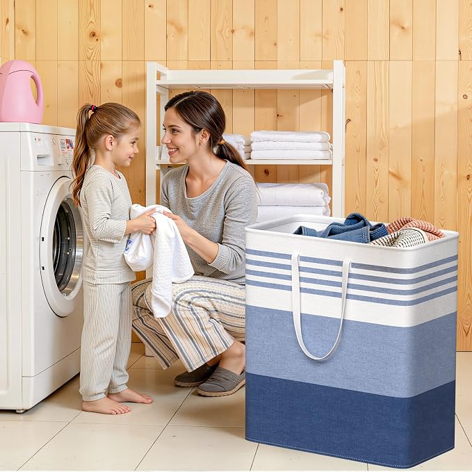 WOWBOX 2 Pack Laundry Baskets, Collapsible Dirty Clothes Laundry Hampers | with Reinforced Handles, Waterproof Coating, 2 Pack for Clean & Dirty Clothes, for Bedroom, Bathroom, Dorm (100L Blue)