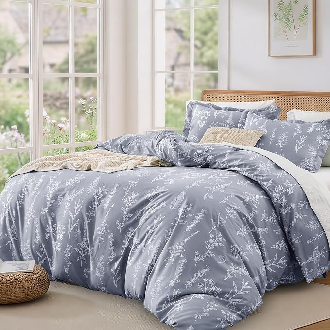 MUXHOMO Duvet Cover King Size, Reversible Floral Grey Duvet Cover Set with Zipper Closure, 3 Pieces Botanical Patterns Soft Microfiber Bedding Set (90"x104", 2 Pillow Cases 20"×36")