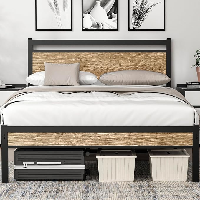 Easy Install 16 Inch Queen Size Bed Frame with Headboard&Footboard | Large Under Bed Storage, No Box Spring Needed, Non-Slip Without Noise, Sturdy Steel Frame, Mattress Foundation, Walnut