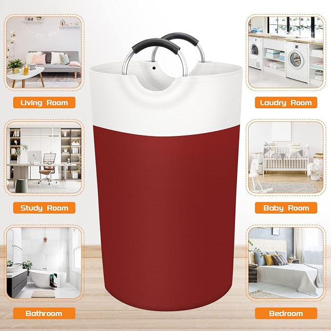 BlissTotes 90L Laundry Basket, Freestanding Collapsible Hamper, Red | Collapsible Dirty Clothes Hamper, Foldable Laundry Bag for Dorm, Waterproof Fabric, Padded Aluminum Handles