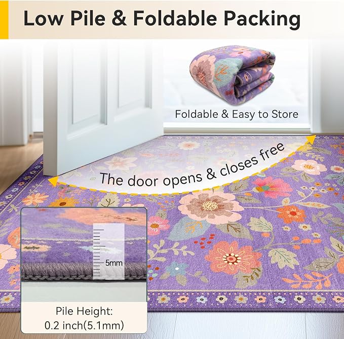 RELEANY Floral Washable Round 8ft Area Rug Purple/Pink | Flower Carpet, Print, Boho, Non-Slip, Easy to Clean, Soft, Low Pile for Living Room Bedroom Kitchen Office Entryway Hallway