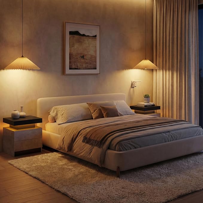 i-aplus LED Nightstand with Wood 2 Drawers Modern Bedside Table for Bedroom | Nightstands with App-Controlled RGB LED Lights, Night Stand with Storgae Drawer, Modern Bedside Table for Bedroom